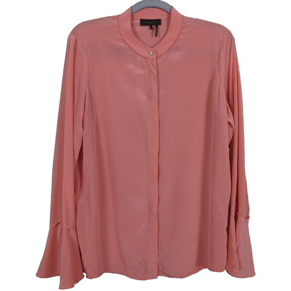 Donna Karan Blouse Womens Medium Peach Silk Bell Sleeve Band Collar Top Career